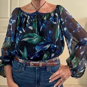 White House Black Market Blue and Green Off-Shoulder Blouse